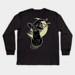 Black Cat Witch Halloween,Vintage Scary Halloween Black Cat, Costume Witch Hat Moon Kids Long Sleeve T-Shirt